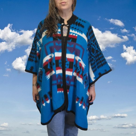 Vintage Sweaters - Made in Ecuador Southwestern Blanket Poncho Chief Joseph Super Soft Teal Blue